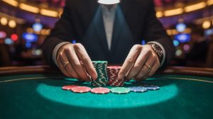 A photograph focusing on a pair of hands gripping poker chips around a green felt poker table. The hands are adorned with gold rings and a simple silver watch, displaying a sense of wealth and experience, while the chips are neatly stacked. In the blurred background, a dimly lit casino with flashing lights and other gamblers can be seen. A single, focused beam of light illuminates the chips, casting dramatic shadows on the table surface.