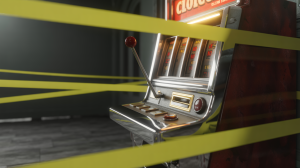 A photograph of a vintage casino slot machine partially visible in a dimly lit room. The corner of the machine is illuminated by a single overhead light, highlighting its faded chrome finish and intricate lever mechanism. Bright yellow police tape is stretched taut around the immediate area, crisscrossing the machine and partially obscuring its lower half, indicating a crime scene. The background is dark and indistinct, suggesting an abandoned space with shadows clinging to the walls. San Diego Police shut down two illegal gambling operations