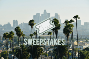 California sweepstakes casinos face ban under AB 831 bill - what you need to know. Illustration of a sweepstakes ticket overlaid on a cityscape with palm trees and tall buildings in the background, suggesting a focus on sweepstakes or gaming in Los Angeles.