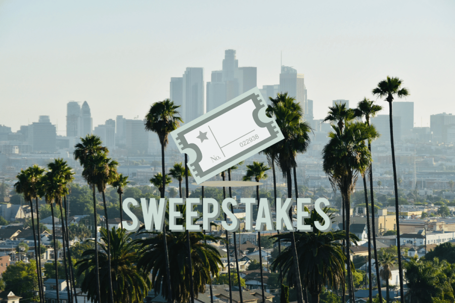 California sweepstakes casinos face ban under AB 831 bill - what you need to know. Illustration of a sweepstakes ticket overlaid on a cityscape with palm trees and tall buildings in the background, suggesting a focus on sweepstakes or gaming in Los Angeles.