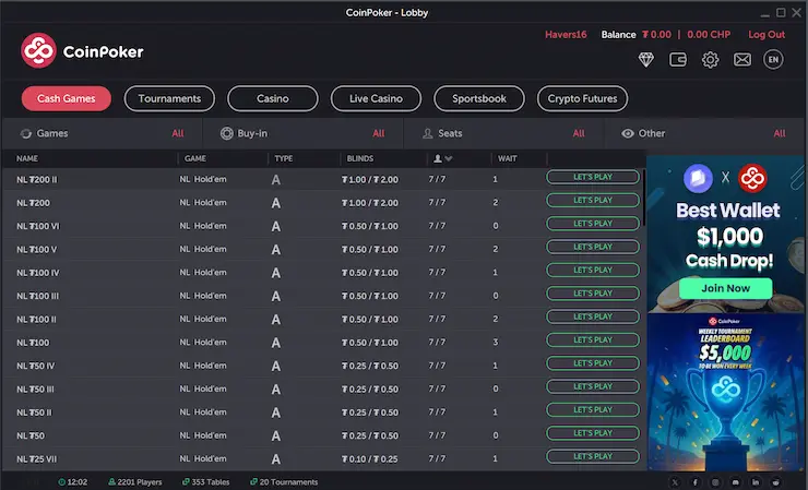 Tournament Lobby at CoinPoker