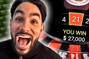 Dutch Gambling Authority targets influencer LeftlanePapi for illegal gambling promotion. A man with a beard and wide open mouth appears excited in front of a roulette wheel showing the number 21 and a message that reads 