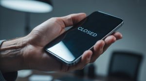 A dramatic close-up photograph showcases a weathered hand gently extending a modern smartphone towards the viewer. The phone’s sleek, black glass screen displays the simple word “closed” in crisp white lettering, suggesting a sense of finality or disconnection. The hand, adorned with subtle age spots and fine lines, is subtly lit from above, casting soft shadows that emphasize its texture and the phone’s reflective surface. A blurred, out-of-focus background of a dark, neutral-toned office space provides context without distracting from the central theme of closure and technology.