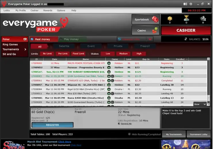 Tournement Lobby at Everygame