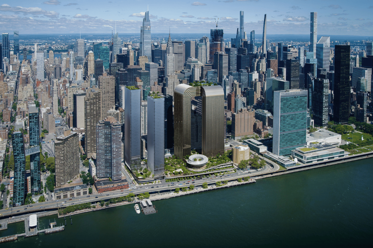 Aerial rendering of the proposed Freedom Plaza development in Midtown East, Manhattan, featuring skyscrapers, green spaces, and an underground casino near the East River.