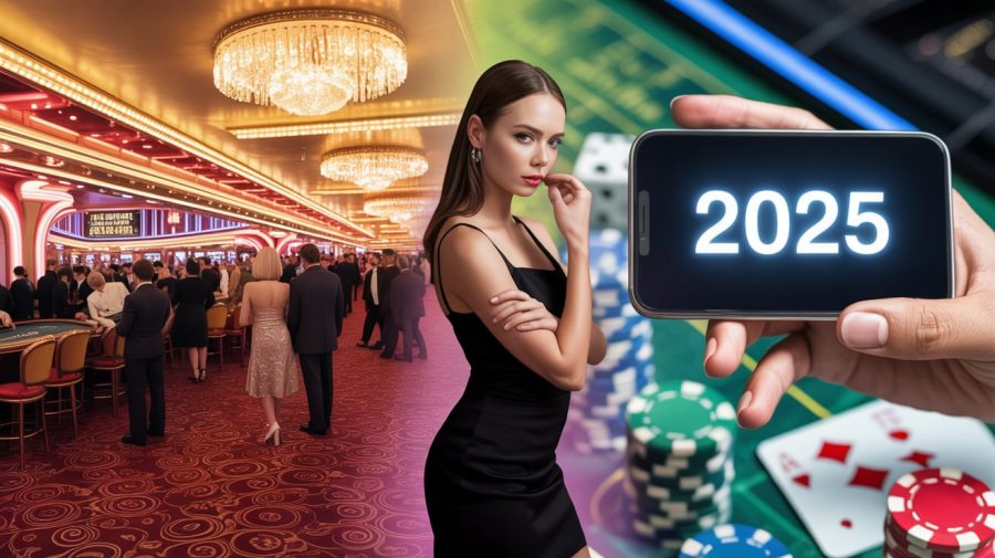 A photograph depicting a split-screen scene: on the left, a classic 1960s Las Vegas casino with plush red carpets, glittering chandeliers, and a bustling crowd in elegant attire. On the right, a young woman stands illuminated by the glow of a mobile phone displaying "2025" in bright white text. The woman wears a modern black dress, contrasting with the vintage aesthetic of the casino, and looks thoughtfully at the phone screen as dice and cards are blurred in the background. A subtle gradient transition separates the two scenes, blending the vibrant colors of the past and the digital present.