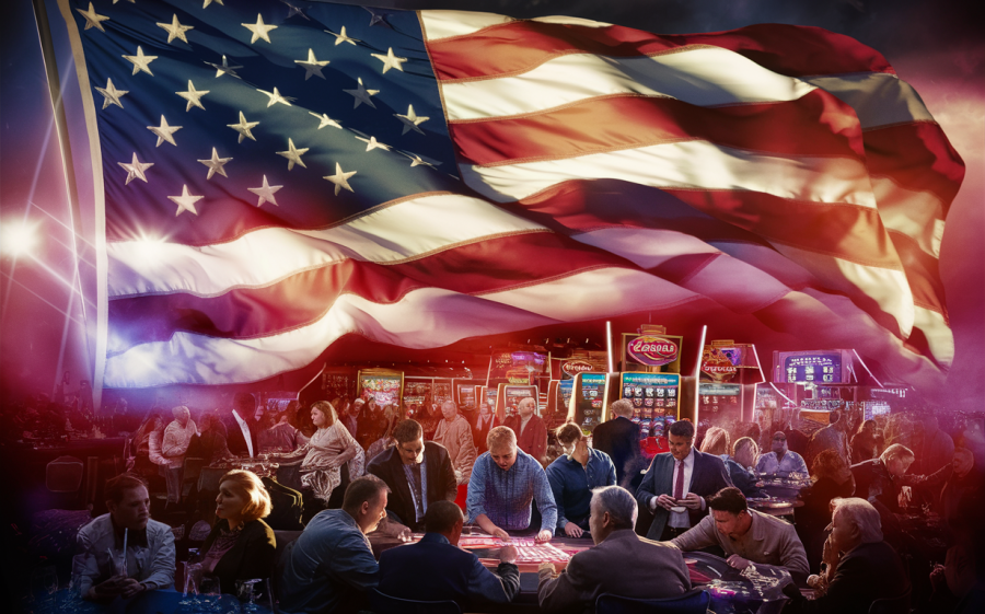 American flag in top of image, with a casino underneath. Super Group to exit its US iGaming operations