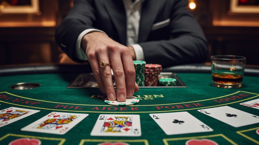 A photograph focusing on a close-up view of a green felt poker table in a dimly lit, upscale casino. A single hand, adorned with a gold ring on the pinky finger, is poised over a pile of chips, the palm facing down, hinting at a strategic move. The table is scattered with poker cards, face down except for one showing "double queen" at the corner, and a single glass with a splash of amber liquid rests nearby. Subtle directional lighting highlights the hand and chips, creating a sense of suspense and anticipation.