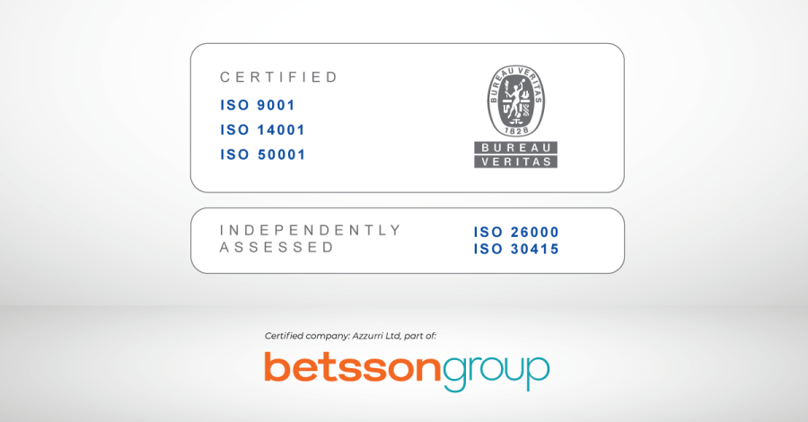 Betsson Group logo against a grey background with an ISO certifications above it. Betsson Group gains new certifications in Italy