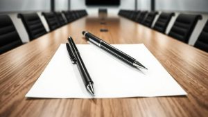 Two pens sit on paper in a board room