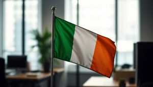An Irish flag in a modern office environment. Irish gaming regulator publishes license application guide