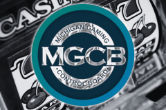 Michigan orders 19 illegal gaming sites to cease operations for licensing violations. Michigan Gaming Control Board logo overlaid on a blurred slot machine background with cherries and sevens visible.