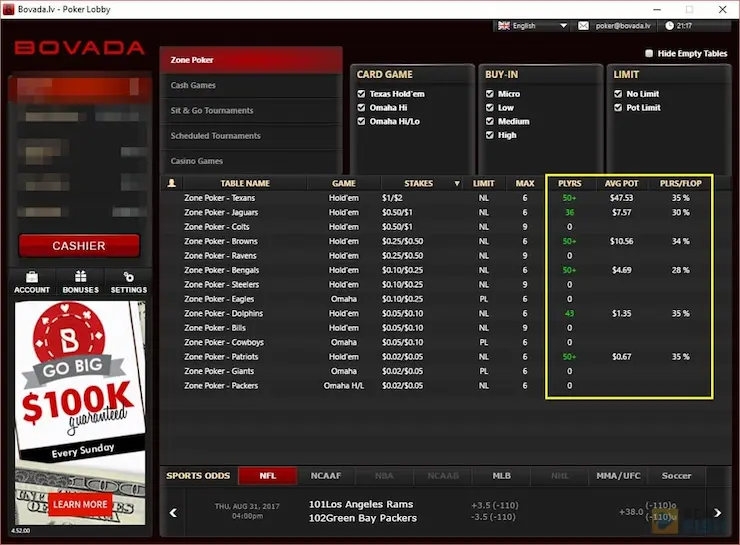 Poker Lobby at Bovada