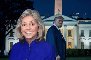 Rep. Dina Titus presents FAIR BET Act response to Trump's Big Beautiful Bill. Dina Titus in blue smiling, with Donald Trump looking back while standing in front of the White House