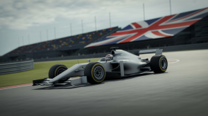 A photograph of a sleek Formula 1 car speeding along a modern racetrack under a slightly overcast sky. The car is painted a matte silver color with no visible branding or sponsor logos, emphasizing its minimalist design. The car is positioned on a slight curve of the track, kicking up a spray of gravel as it navigates the turn; the background features blurred grandstands adorned with the British flag waving gently. Soft, diffused lighting highlights the car's aerodynamic contours and creates a sense of speed and motion.