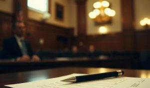 Pen and a piece of paper in the court room environment. SGLA warning of criminal responsibility for companies if Bill 831 is passed