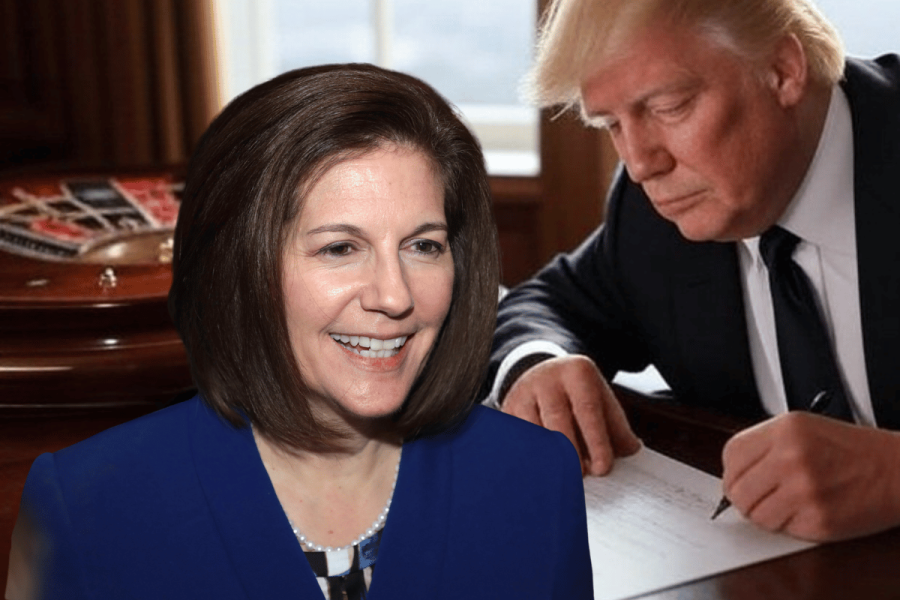 Senate targets Trump’s Big Beautiful Bill with FULL HOUSE Act. Senator Catherine Cortez Masto smiling in the foreground, with former President Donald Trump signing a document in the background. A roulette table is partially visible behind them.