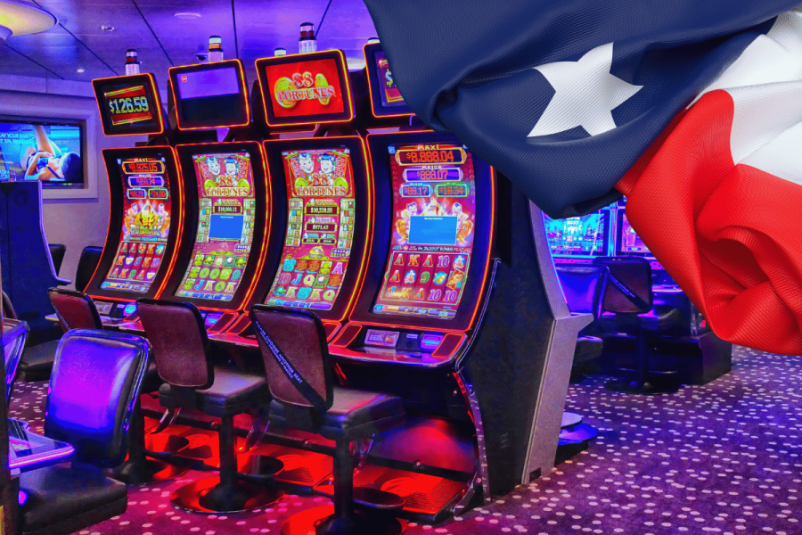 Texas woman gets 18 months for $21M illegal gambling scheme using dead man's ID. Row of brightly lit slot machines in a Texas game room with Texas flag overlay.
