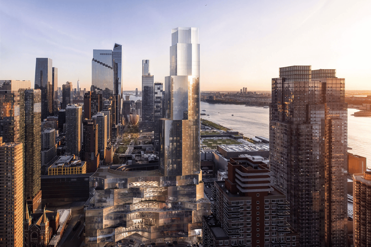 Rendering of The Avenir casino project in Hudson Yards, Manhattan, showing a futuristic skyscraper with tiered glass facades and surrounding high-rises near the Hudson River.