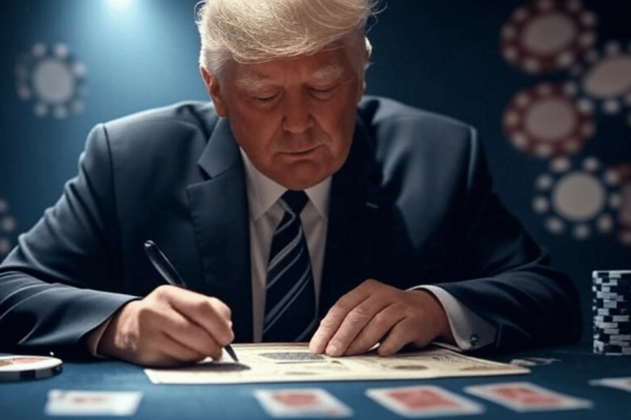 AI image of Donald Trump signing a bill. Behind him is gambling paraphernalia as a background. Trump’s Big Beautiful Bill explained summary of how it’ll affect gambling tax and when it’ll go into effect