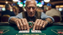 A photograph focusing on the weathered hands of an elderly man intently playing poker at a casino table. His hands, spotted with age and bearing subtle scars, grip a stack of poker chips while delicately holding "two pair" on the green felt tabletop. Soft, diffused lighting from above illuminates the scene, highlighting the texture of his skin and the vibrant colors of the chips. In the blurred background, other casino patrons are visible, their faces indistinct, adding to the sense of focused intensity surrounding the man's game. GRAI research suggests gambling offers lead people to bet more