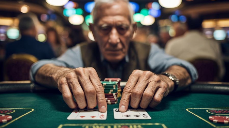 A photograph focusing on the weathered hands of an elderly man intently playing poker at a casino table. His hands, spotted with age and bearing subtle scars, grip a stack of poker chips while delicately holding "two pair" on the green felt tabletop. Soft, diffused lighting from above illuminates the scene, highlighting the texture of his skin and the vibrant colors of the chips. In the blurred background, other casino patrons are visible, their faces indistinct, adding to the sense of focused intensity surrounding the man's game. GRAI research suggests gambling offers lead people to bet more