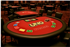 A UNO-branded casino table with vibrant red felt sits in an empty Las Vegas casino, surrounded by black chairs and set up with colorful UNO cards and poker-style chips, ready for a special promotional event.