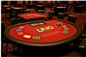A non -branded casino table sitting with a vibrant red in Casino in Las Vegas is an empty, surrounded by black chairs and is prepared with colored cards and poker slices, ready for a special promotional event.