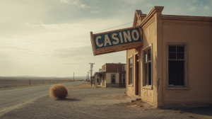 A photograph of a weathered, abandoned town stretching across a dusty plain under a pale, overcast sky. The only structure remaining is a dilapidated building with a faded, peeling "CASINO" sign hanging precariously above the entrance. A single tumbleweed rolls slowly down the main street, and a few broken windows reflect the muted light. The surrounding landscape is barren and flat, conveying a sense of isolation and forgotten history.