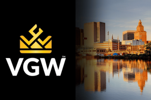 VGW to end Chumba and Luckyland Casino access for New Jersey players. Split image showing the VGW logo on the left and a daytime cityscape of Newark, New Jersey with buildings reflecting in the water on the right.