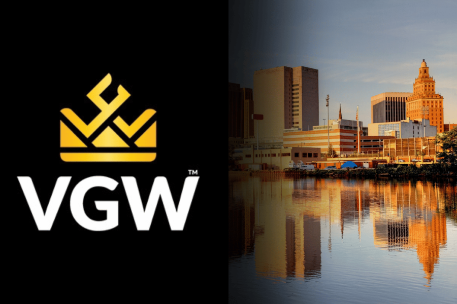 VGW to end Chumba and Luckyland Casino access for New Jersey players. Split image showing the VGW logo on the left and a daytime cityscape of Newark, New Jersey with buildings reflecting in the water on the right.