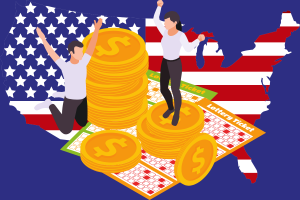 Where sweepstakes casinos are legal in the US - and which states you need to avoid them. Illustration of two people celebrating on a map of the United States with an American flag design. Large gold coins and lottery tickets are scattered across the map, symbolising winnings from sweepstakes or lottery games. One person is standing on a coin, while the other is jumping with arms raised in excitement.