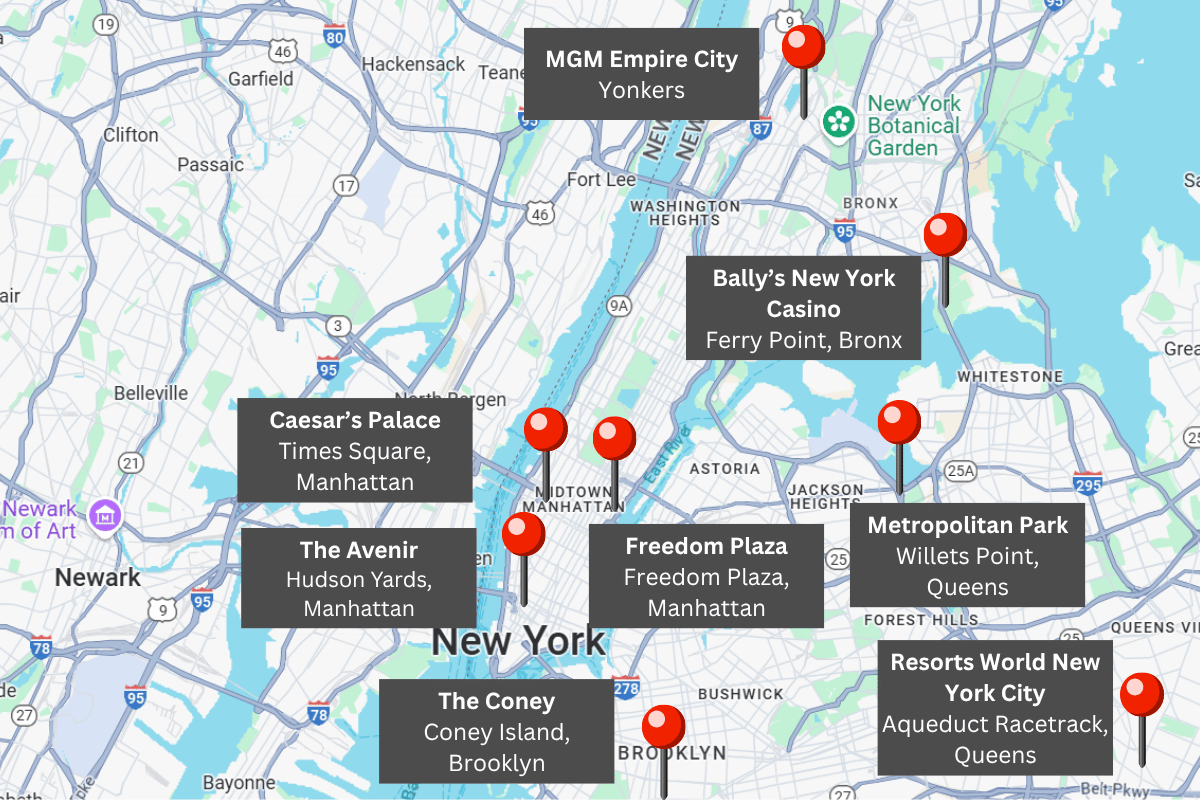 Map showing locations of proposed casino projects in New York City and surrounding areas, including Caesars Palace in Times Square, The Avenir in Hudson Yards, Freedom Plaza in Midtown East, The Coney in Coney Island, Resorts World in Queens, Metropolitan Park near Citi Field, Bally’s Casino in the Bronx, and MGM Empire City in Yonkers.