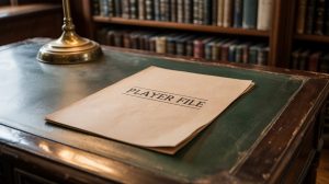 A photograph of a blank sheet of paper resting on a worn, dark wooden desk. The paper has the words 