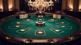 A photograph of the plush interior of a high-stakes casino table. The surface of the green felt table is meticulously clean, with a scattering of poker chips arranged around a stack of "ALL IN" chips in the center. A single, ornate crystal chandelier hangs overhead, casting a warm glow on the scene and reflecting off the polished mahogany trim of the table's edges. Soft, ambient lighting highlights the rich textures and opulent atmosphere of the casino.