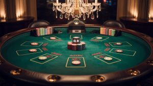 A photograph of the plush interior of a high-stakes casino table. The surface of the green felt table is meticulously clean, with a scattering of poker chips arranged around a stack of 