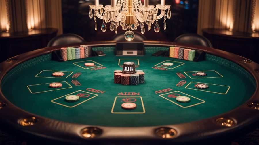 A photograph of the plush interior of a high-stakes casino table. The surface of the green felt table is meticulously clean, with a scattering of poker chips arranged around a stack of "ALL IN" chips in the center. A single, ornate crystal chandelier hangs overhead, casting a warm glow on the scene and reflecting off the polished mahogany trim of the table's edges. Soft, ambient lighting highlights the rich textures and opulent atmosphere of the casino.