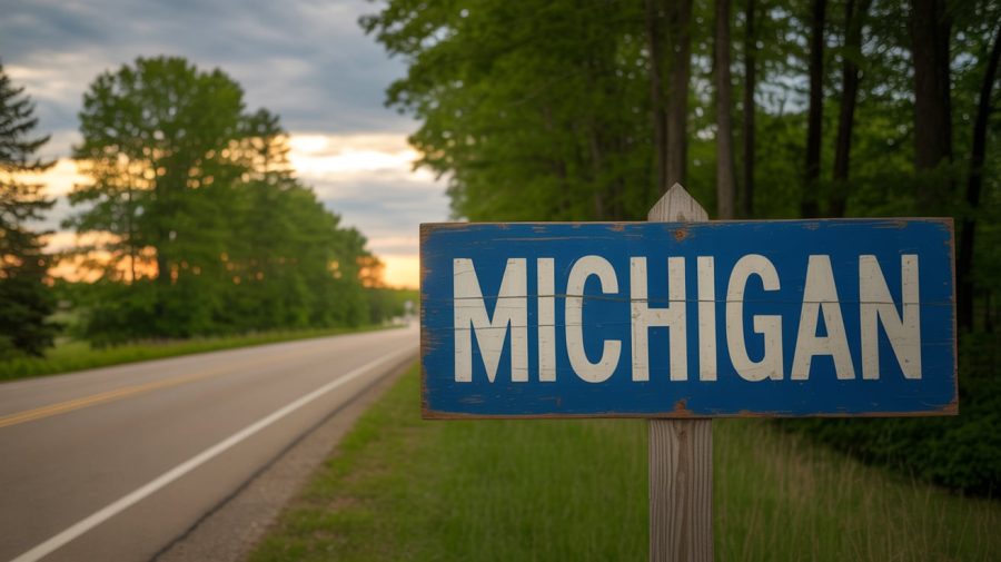 A photograph of a weathered wooden sign displaying "Michigan" in bold, white lettering. The sign stands alongside a paved rural road, slightly curving out of frame. Tall green trees line the roadside, creating a sense of depth and a slightly overcast sky with soft diffused sunlight highlighting the sign. The scene conveys a sense of peaceful travel through the Michigan countryside.
