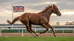 A photograph of a powerful chestnut horse galloping along a historic UK horse racing track. The horse's muscles ripple beneath its short, sleek coat as it moves with incredible speed, its mane and tail flowing in the wind. In the distant background, the Union Jack flutters proudly against a cloudy, overcast sky. Soft, diffused light illuminates the scene, highlighting the horse's form and adding a sense of drama to the moment. Treasury working with UK horseracing sector, as it looks into reforming gambling tax