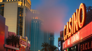 A vibrant approach to the Las Vegas tape in the twilight. The tall buildings rise on both sides, with bright neon ads "casino" In bold letters, flowering. The buildings are a mixture of gold, red and turquoise, which reflects the impressive city lights. A slight fog suspended in the air, reduces the details and adds a touch of mystery to the iconic scene.