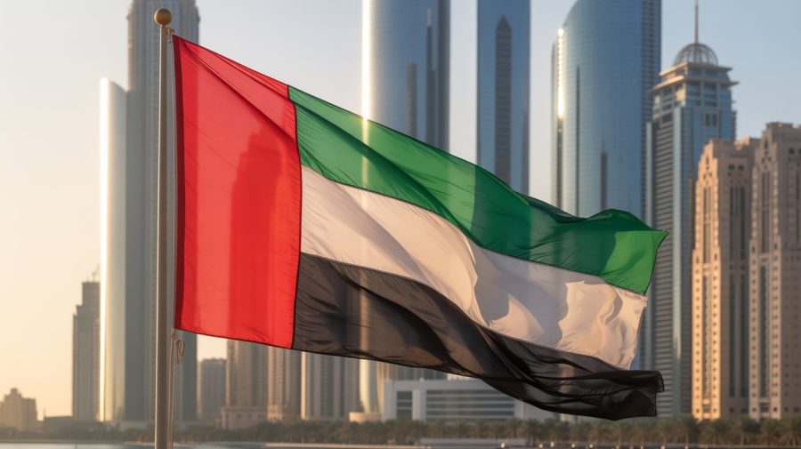A photograph of the UAE flag billowing gently against the backdrop of Abu Dhabi's modern skyline. The flag's vibrant red, white, green, and black colors are sharply defined, showcasing the intricate details of its design. Tall skyscrapers of glass and steel rise behind the flag, reflecting the warm sunlight and creating a striking contrast between tradition and modernity. The scene is bathed in the golden light of late afternoon, casting long shadows and adding depth to the composition.
