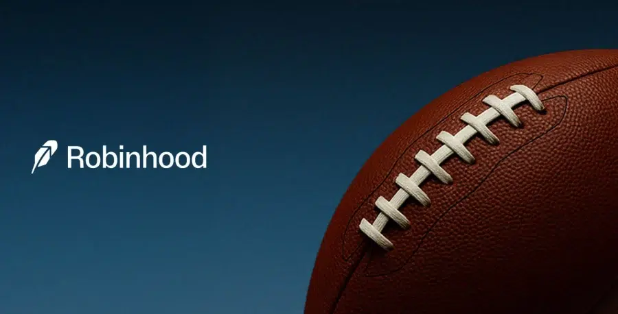 Dark blue gradient background, with an American football on the right-hand side. On the left-hand side is the Robinhood logo in white.
