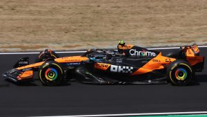Lando Norris McLaren 2025 racing car pictured on track in Japan during free practice one.