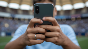 A picture focuses on the hands of a teenage boy who controls a modern smartphone. Sportradar and Bundesliga International announce the live players' markets before a new season