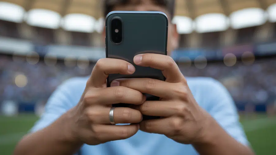 A photograph focusing on the hands of a teenage boy gripping a modern smartphone. Sportradar and Bundesliga International announce live player markets ahead of new season