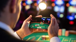 A photograph focusing on a person's hands holding a mobile phone displaying a live stream of a bustling casino gambling table. The phone screen reflects the vibrant neon lights and swirling chips on the table, with the gambler's focused face partially visible over their shoulder. The background is softly blurred, suggesting a dimly lit, smoky room with hints of other players and slot machines. A single warm spotlight illuminates the hands and phone, creating a sense of anticipation and clandestine excitement.