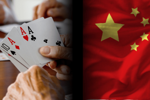 The Chinese Communist Party punishes five Hubei officials for playing gambling and playing improper cards. Sending the hands that carry the playing papers, including three overwhelming transmission, along with the Chinese national flag, symbolizing China's campaign on gambling