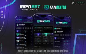 Dark blue wallpaper, with three iPhone devices in the middle. Each has an ESPN BET app and shows a new dedicated center.