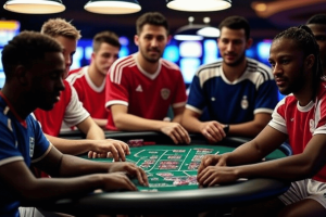 Emmanuel Class, Gilbert Arenas, and the rise of sports gambling betting on the culture of professional athletes. A group of young athletes sit at football shirts around a casino -style booker table, working in a game, with poker chips and cards in front of them under the bright upper lights.