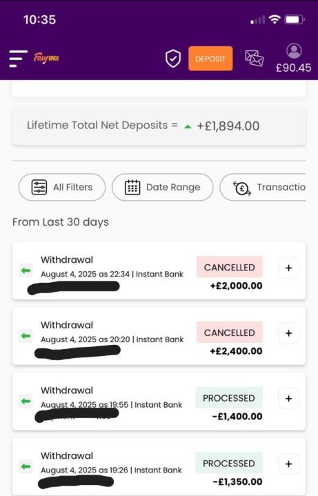 Captura de tela de um histórico de transações de conta de Bingo Foxy a partir de agosto de 2025. Mostra várias gravações, incluindo £ 2.000 e £ 2.400, marcadas como 